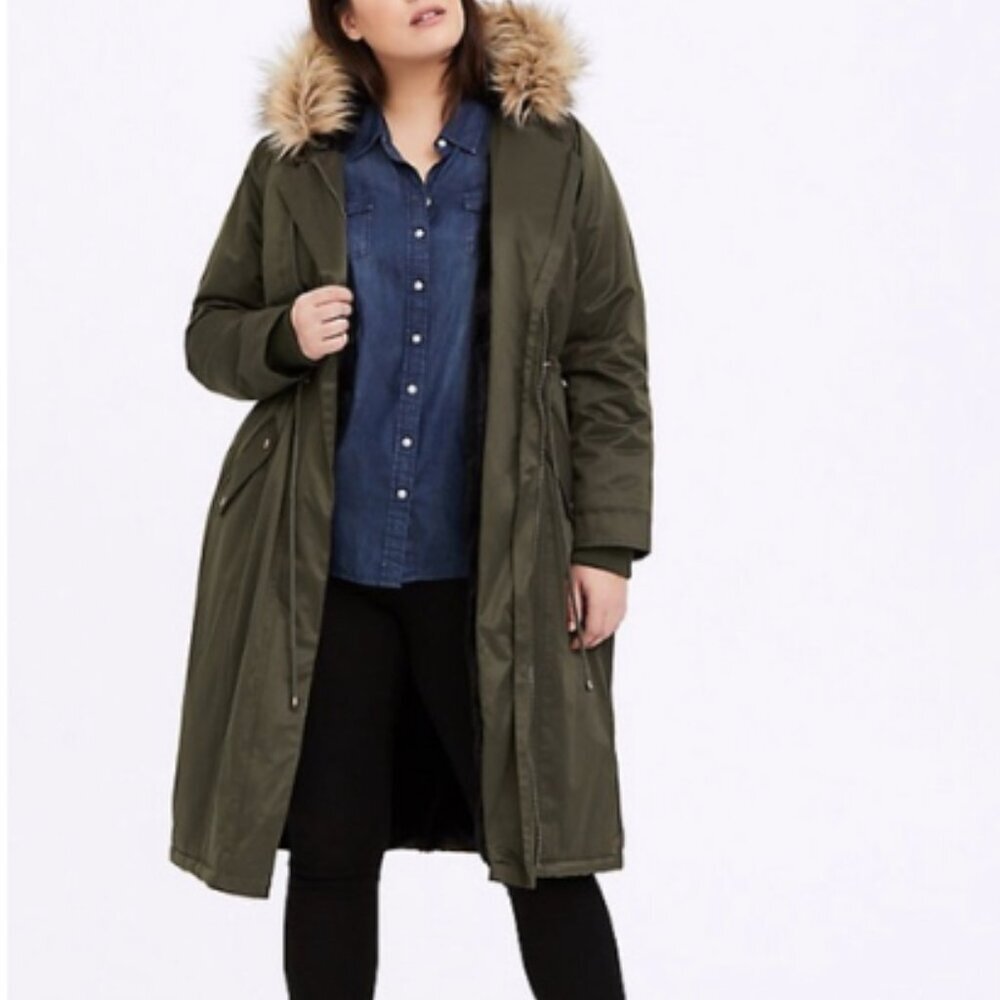 Torrid Green Long Parka Faux Fur Hood 3X